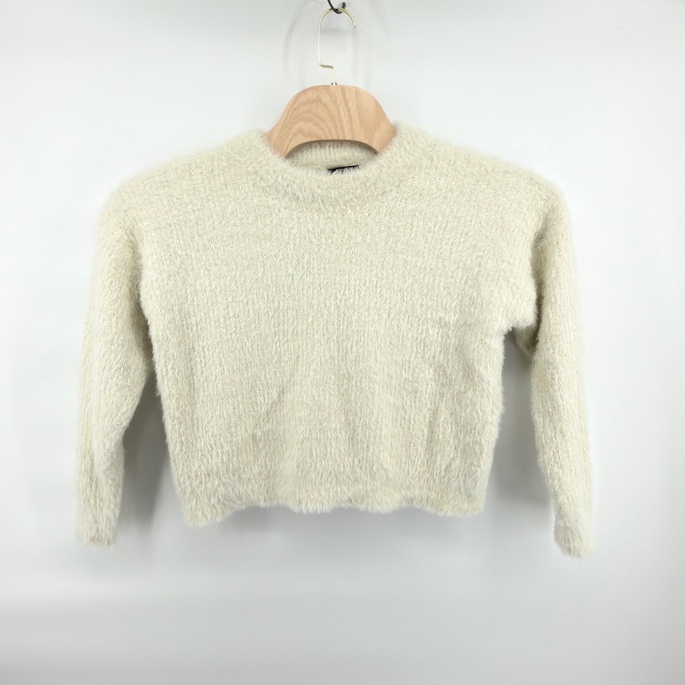 FRNCH Paris Womens Fuzzy Eyelash Knit Cropped Crewneck Sweater Cream Ivory SM